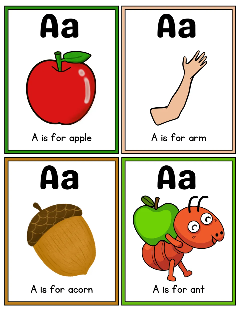 Full-color letter A flashcards: Aa cards showing a red apple, an arm, an acorn and an ant carrying an apple