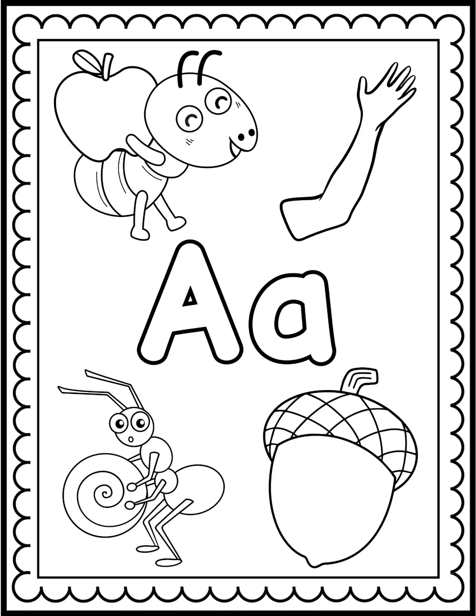 Letter Aa coloring page: bubble Aa amid an ant carrying an apple, an arm, an ant with a spiral shell and an acorn