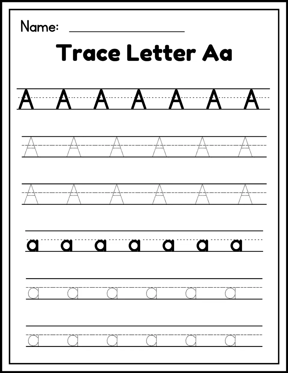 Trace Letter Aa: handwriting practice where students trace dotted uppercase A and lowercase a after a solid row of each