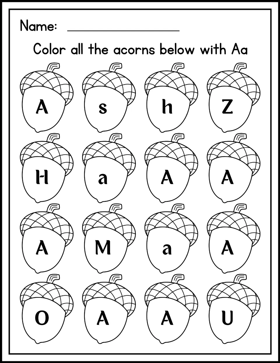 Letter recognition: students color every acorn showing A or a among 16 acorns that also show s, h, Z, H, M, O and U