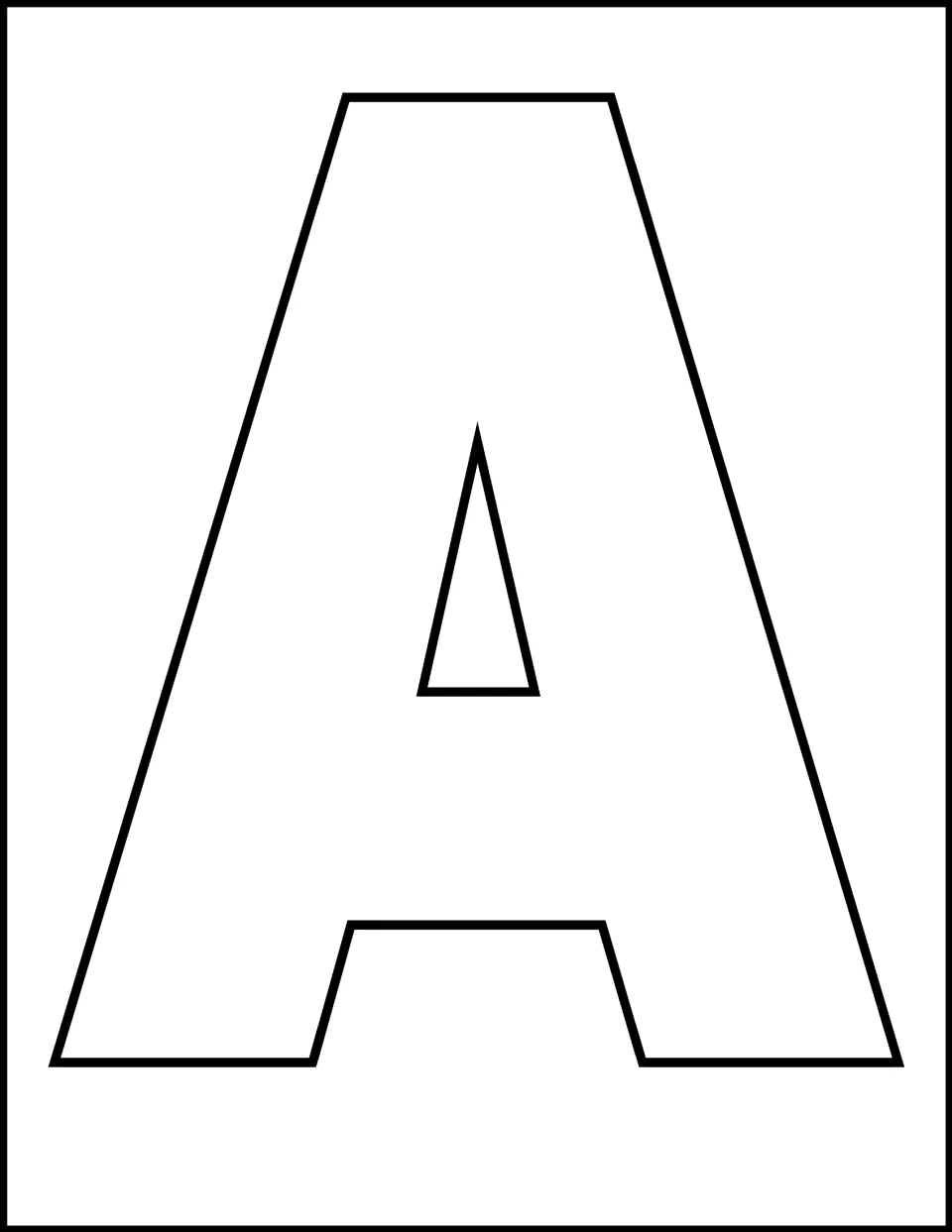 Letter A template: a large hollow capital A outline that fills the page for students to color or decorate