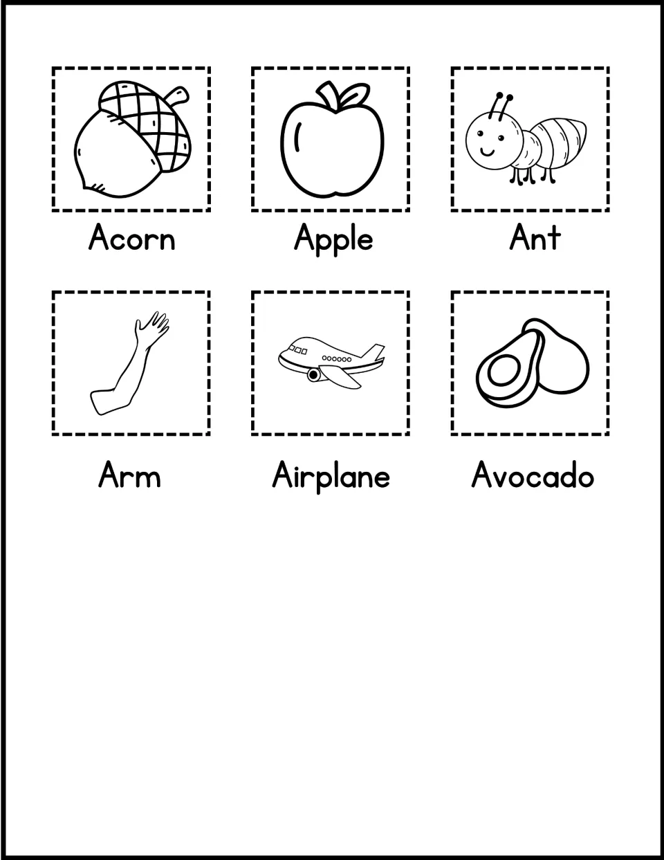 Beginning sound A picture cards: students cut out six labeled pictures of acorn, apple, ant, arm, airplane and avocado