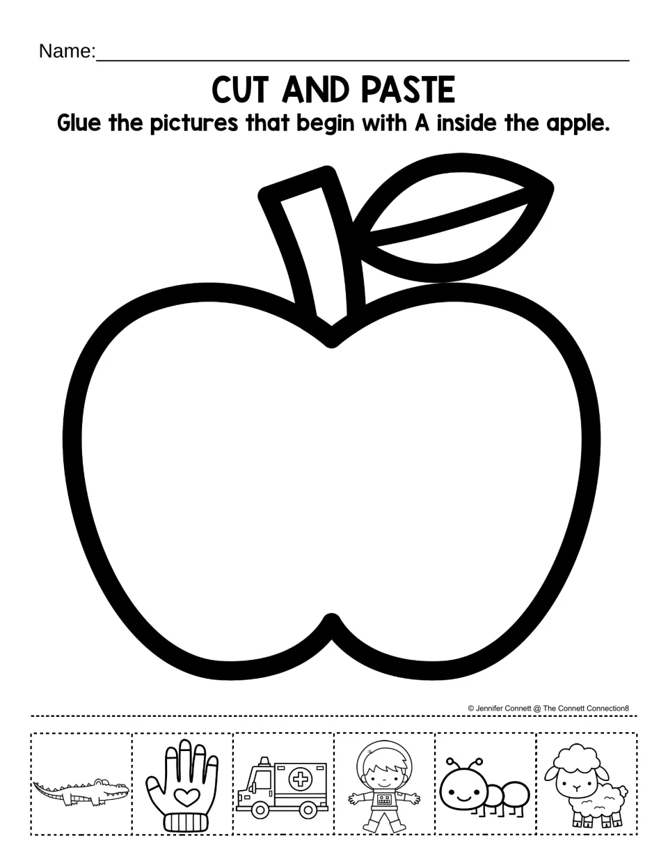 Beginning sound A: students cut out six pictures, from alligator to lamb, and glue the ones starting with A in an apple