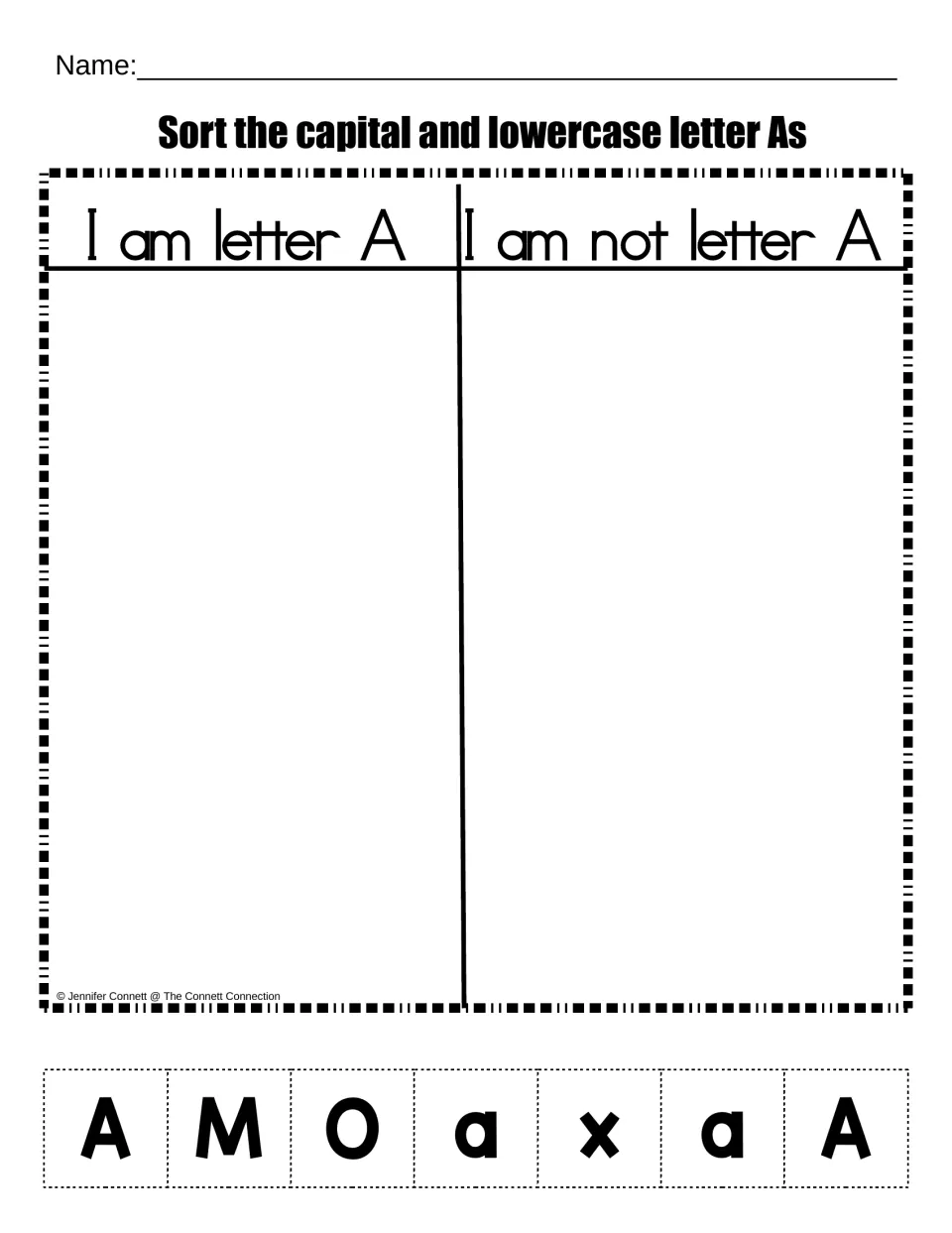 Letter A recognition sort: students cut out letter cards and glue capital and lowercase As apart from M, O and x