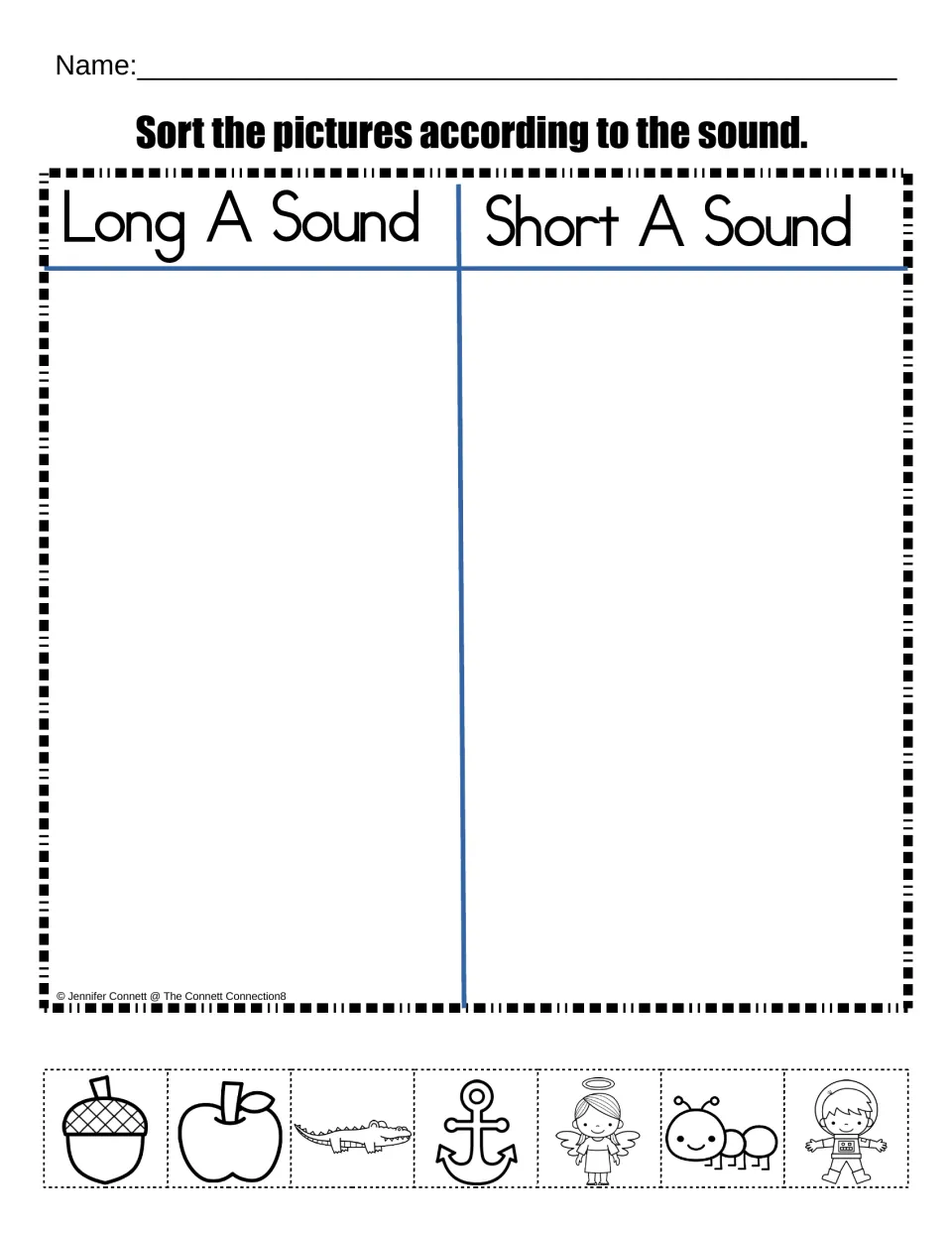 Long and short A sound sort: students cut out pictures like acorn, apple, anchor and angel and glue each by its sound