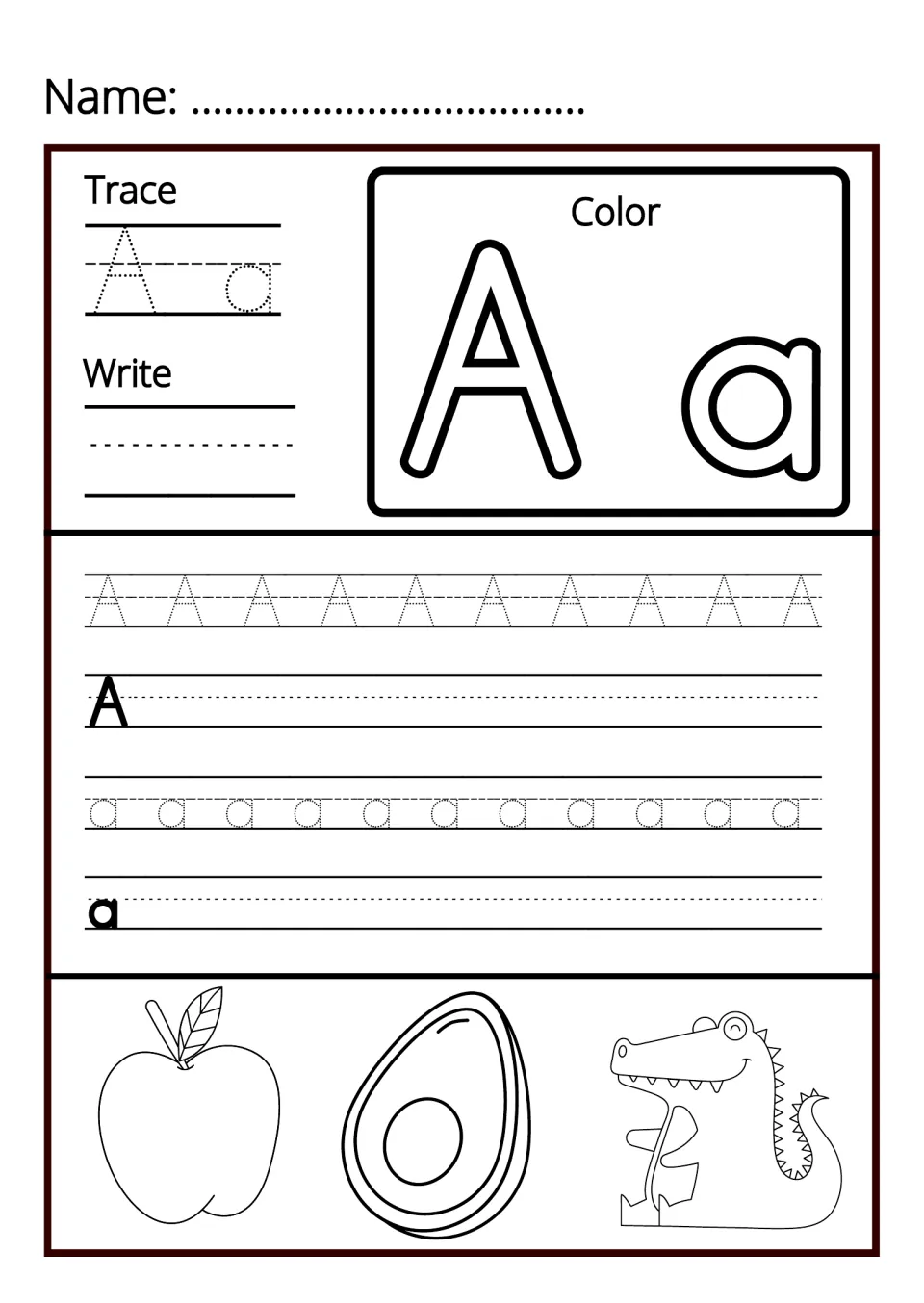 Letter A handwriting: students trace and write uppercase A and lowercase a, then color an apple, avocado and alligator