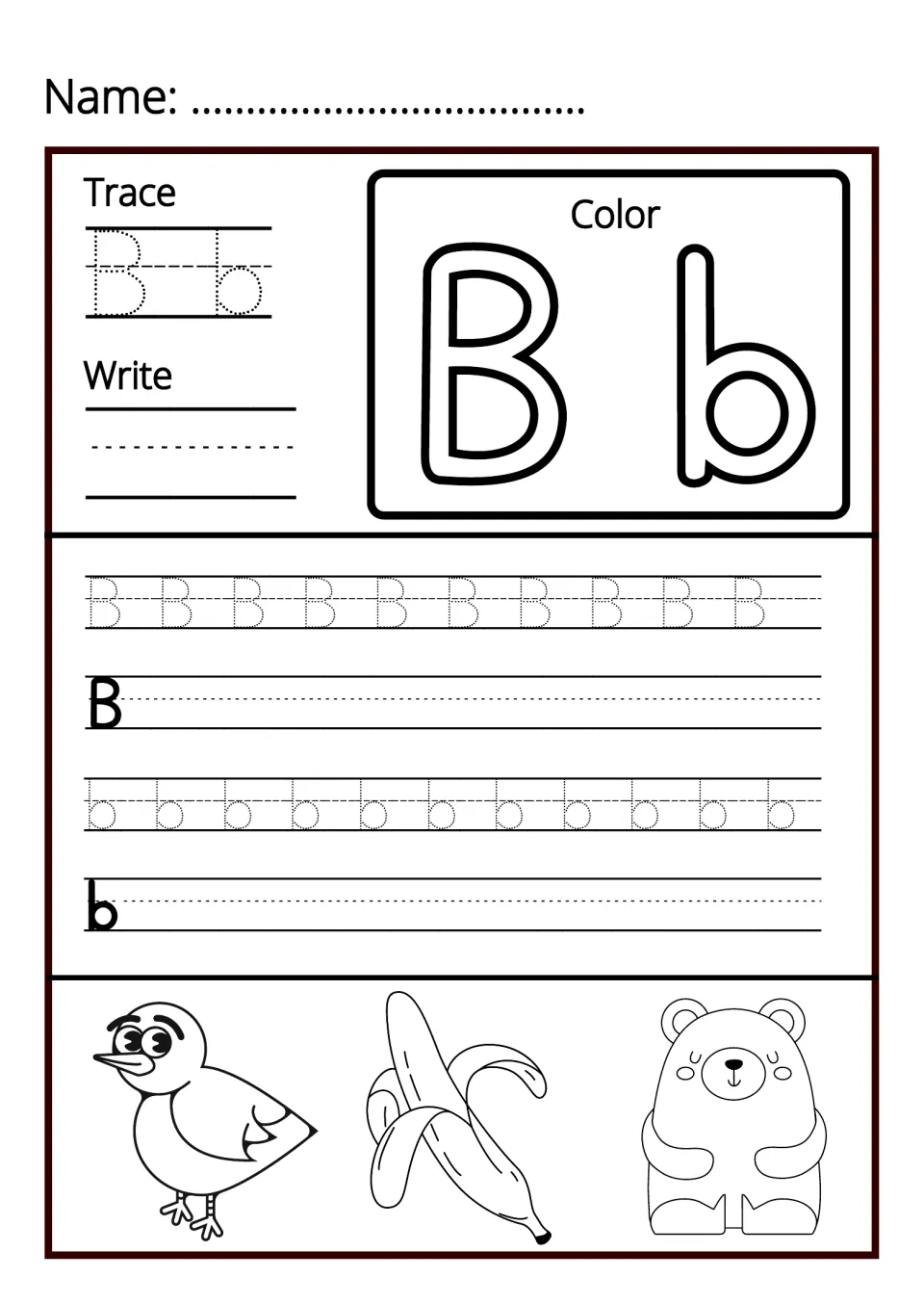 Letter B handwriting: students trace rows of dotted B and b, write the letter, then color a bird, a banana and a bear