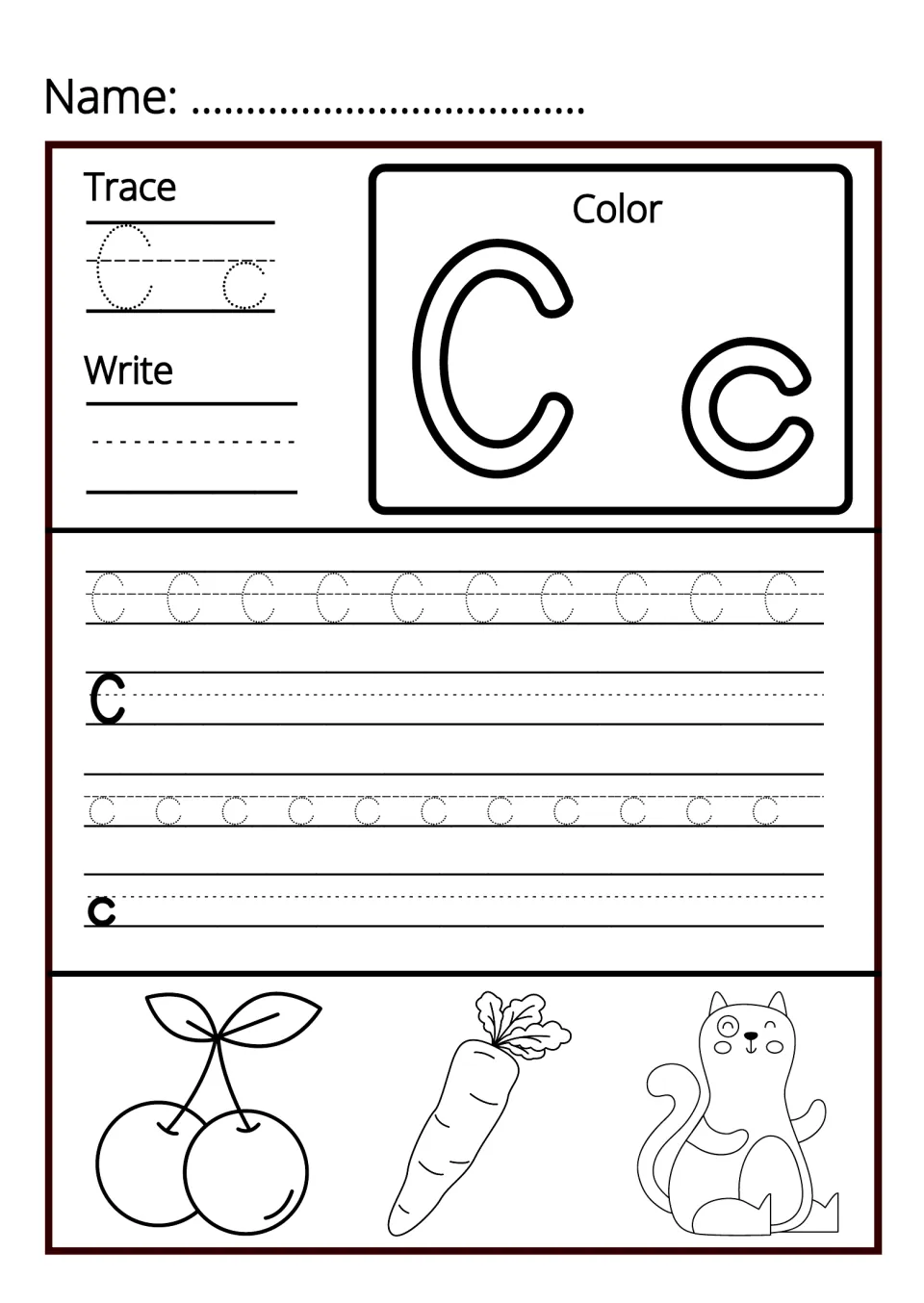 Letter C handwriting: students trace and write capital C and small c, color bubble Cc, then color cherries, carrot and cat