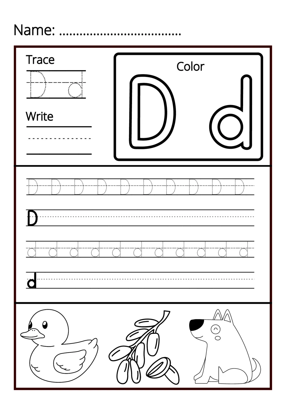 Letter D handwriting: students trace dotted D and d rows, write each form, then color a duck, a branch of dates and a dog