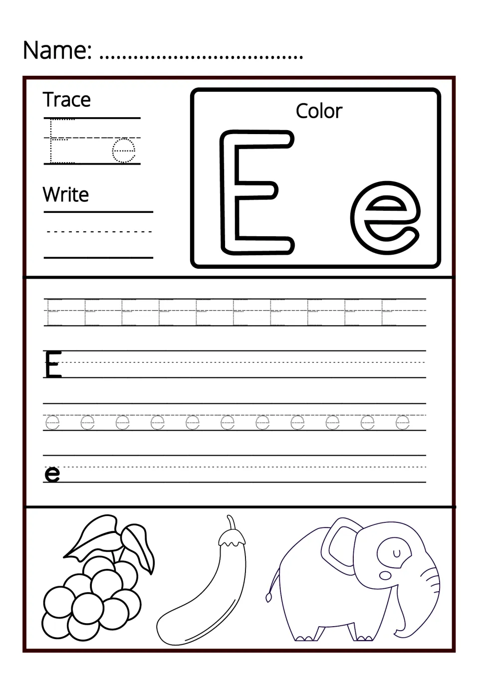 Letter E handwriting: students trace and write uppercase E and lowercase e, then color berries, an eggplant, an elephant