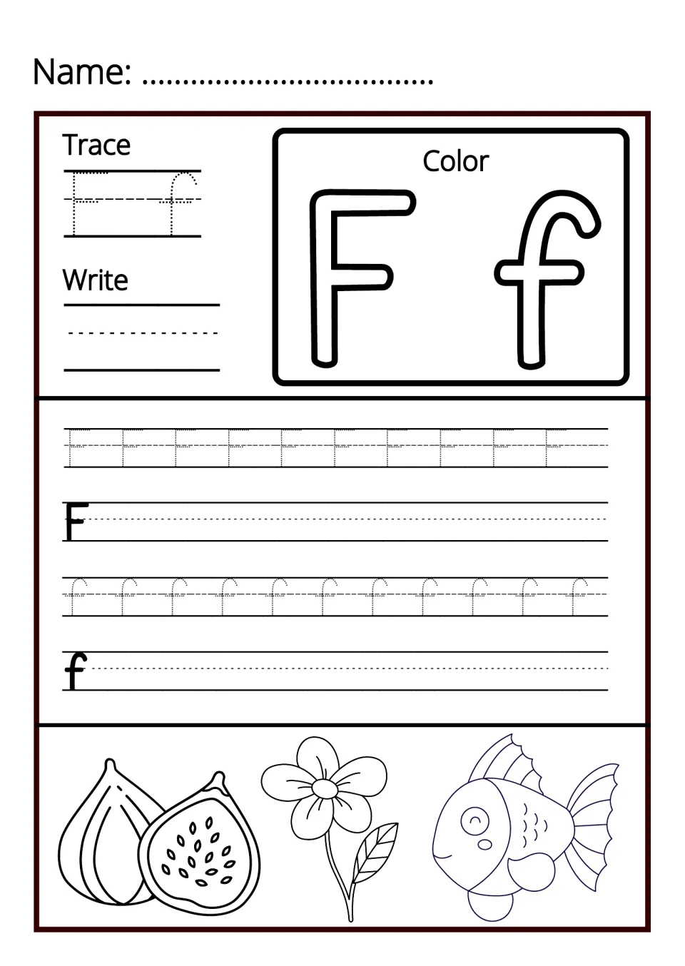 Letter F handwriting: students trace rows of dotted F and f, write the letter, then color figs, a flower and fish