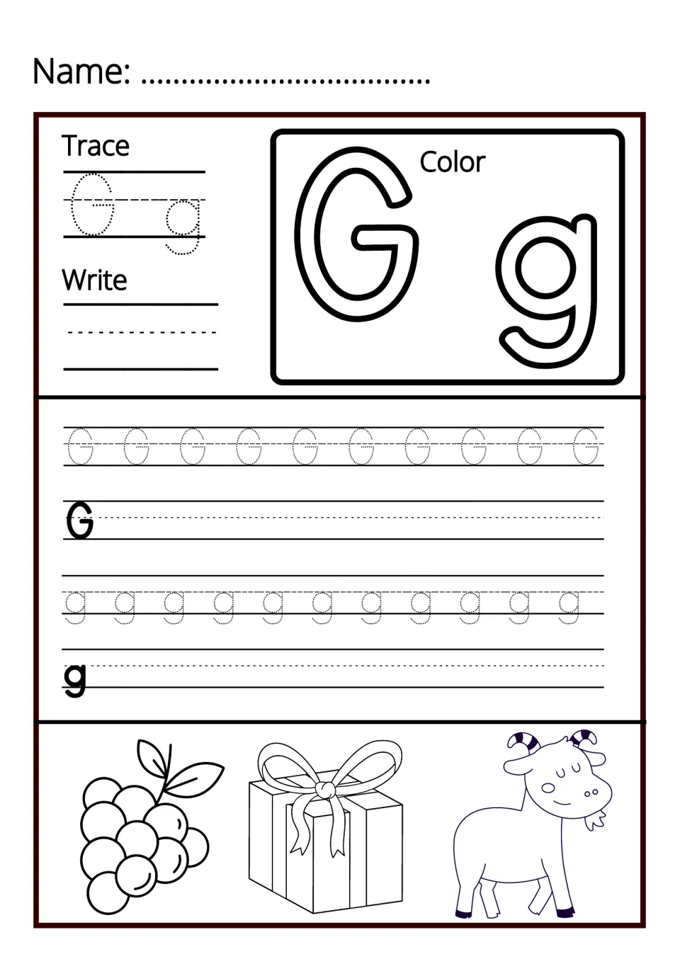 Letter G handwriting: students trace and write capital G and small g, then color bubble Gg, grapes, a gift box and a goat