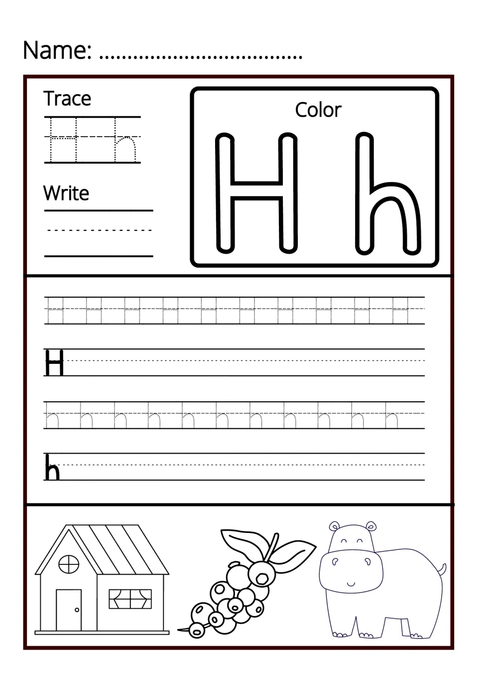 Letter H handwriting: students trace dotted H and h, write each letter form, then color a house, a berry sprig and a hippo