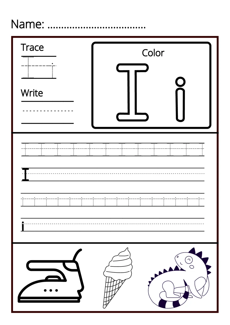 Letter I handwriting: students trace and write uppercase I and lowercase i, then color an iron, ice cream and an iguana