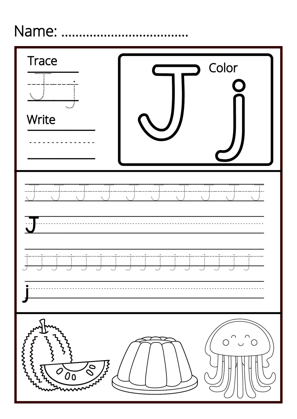 Letter J handwriting: students trace rows of dotted J and j, write the letter, then color a fruit, a jelly and a jellyfish