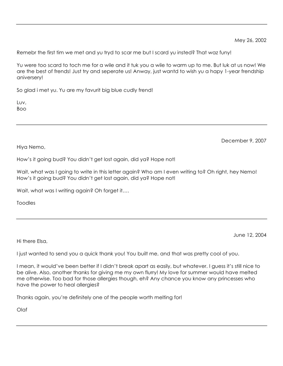 Friendly letters from Boo, to Nemo and to Elsa: students spot the missing greeting, signature or closing in each