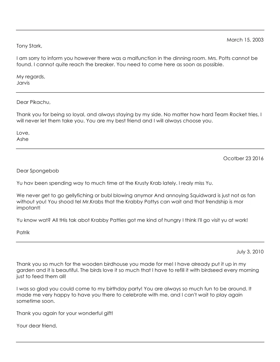 Letters to Tony Stark, Pikachu and SpongeBob plus an unaddressed thank-you note for students to check for missing parts