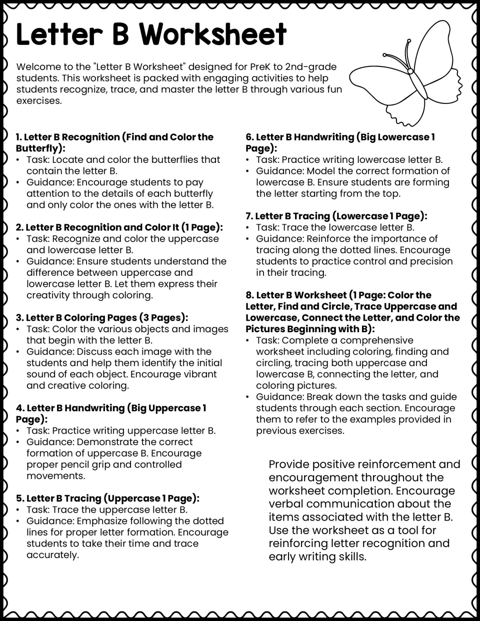 Letter B Worksheet teacher overview: task and guidance notes for 8 activities, from butterfly letter hunt to B tracing