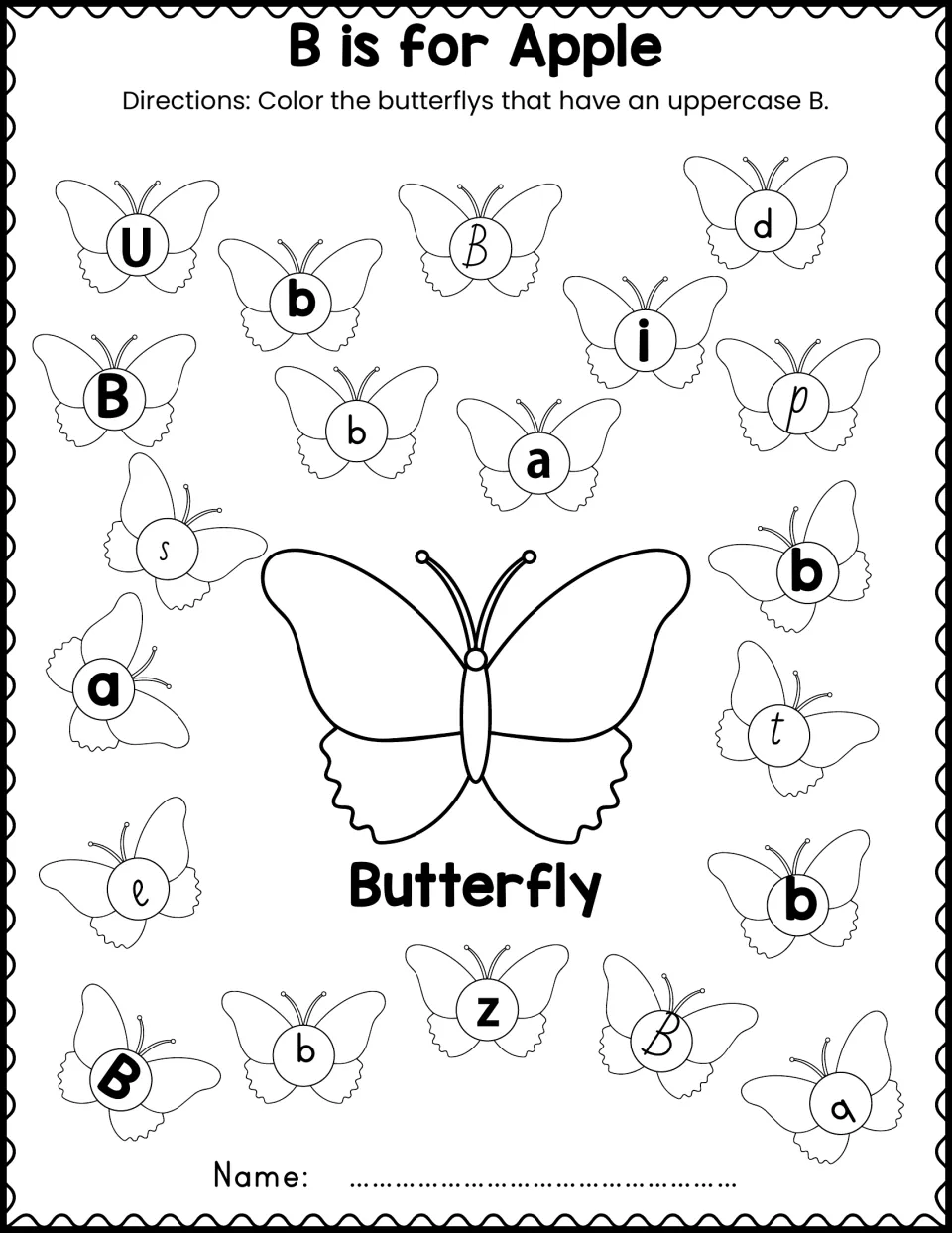 Letter recognition hunt titled 'B is for Apple': students color only the butterflies with an uppercase B