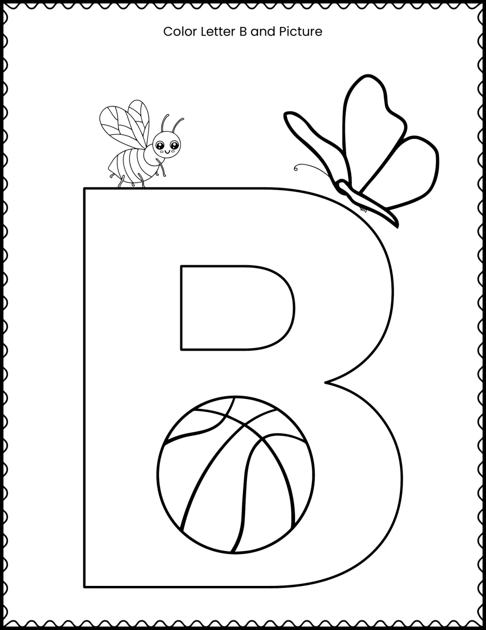 Color Letter B and Picture: students color a giant uppercase B holding a basketball, with a bee and butterfly on top