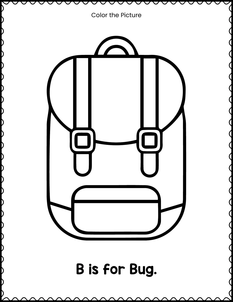 Beginning sound coloring: students color a large backpack picture, though its label reads 'B is for Bug.'
