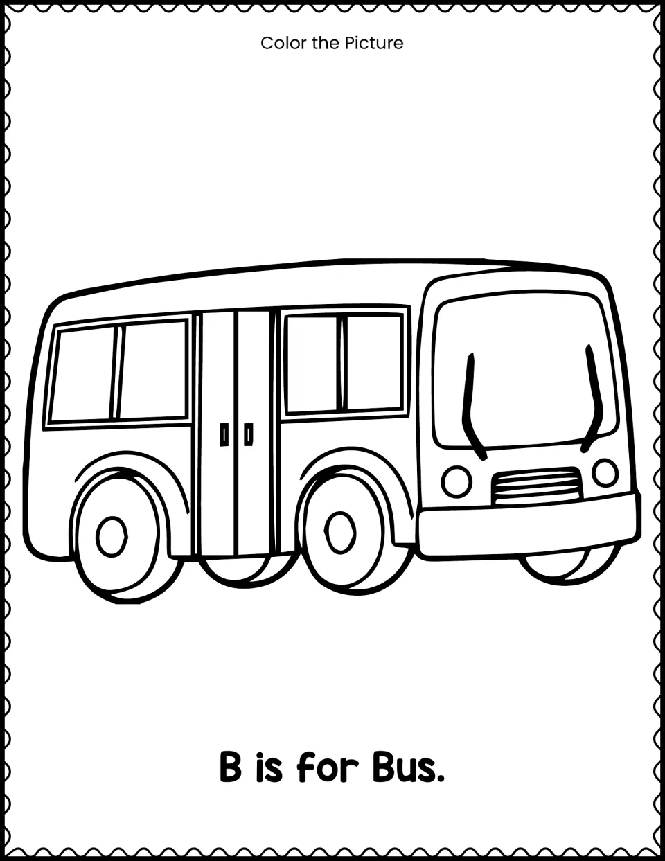 Beginning sound coloring: students color a large city bus drawing with the sentence 'B is for Bus.' printed underneath