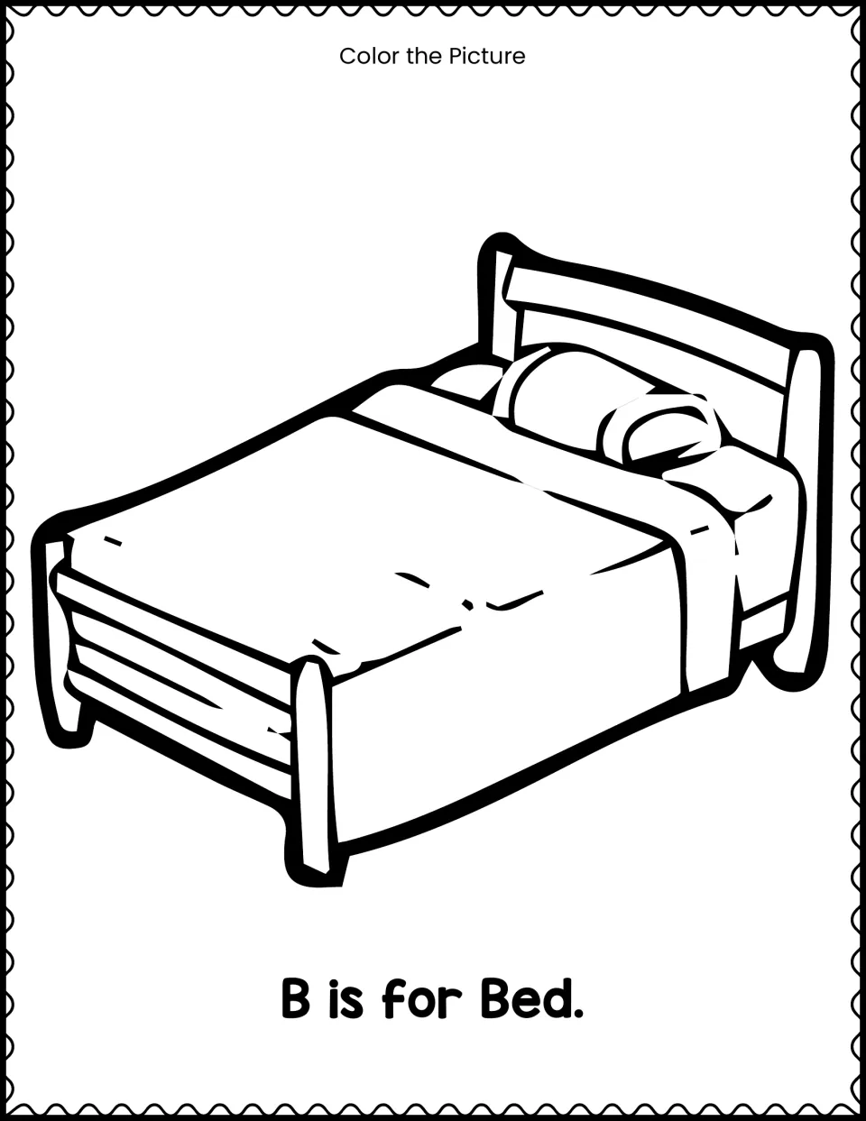 Beginning sound coloring: students color a bed with a headboard and pillows, labeled with the sentence 'B is for Bed.'