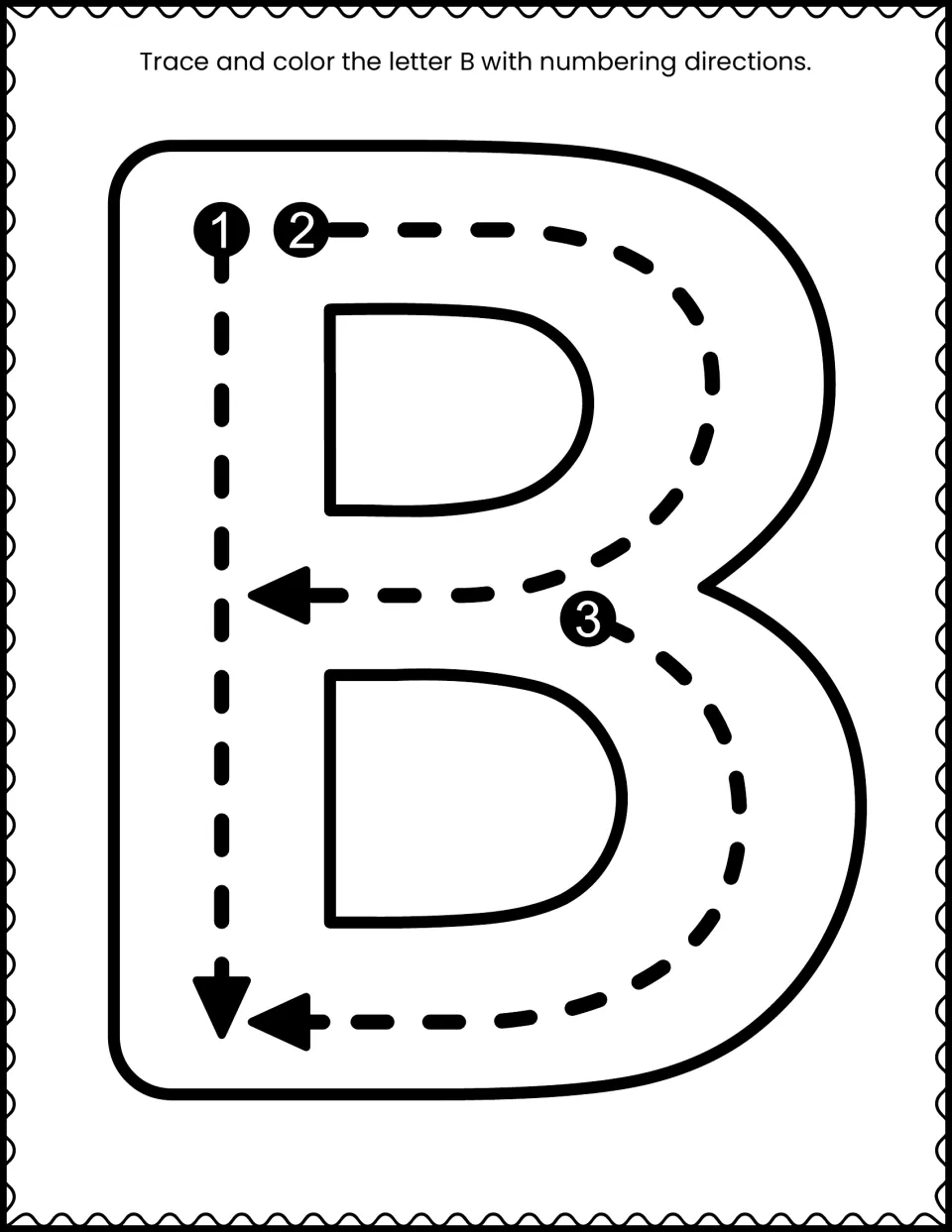Uppercase B letter formation: students trace a big B by following numbered strokes 1, 2 and 3, then color it