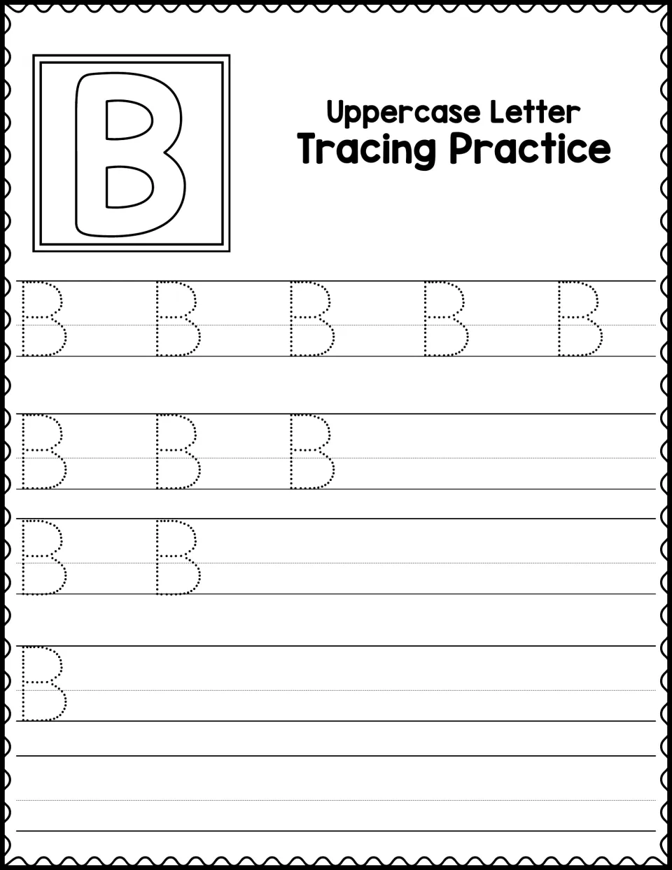 Uppercase Letter Tracing Practice: students trace dotted capital Bs on handwriting rows, with fewer guides each row