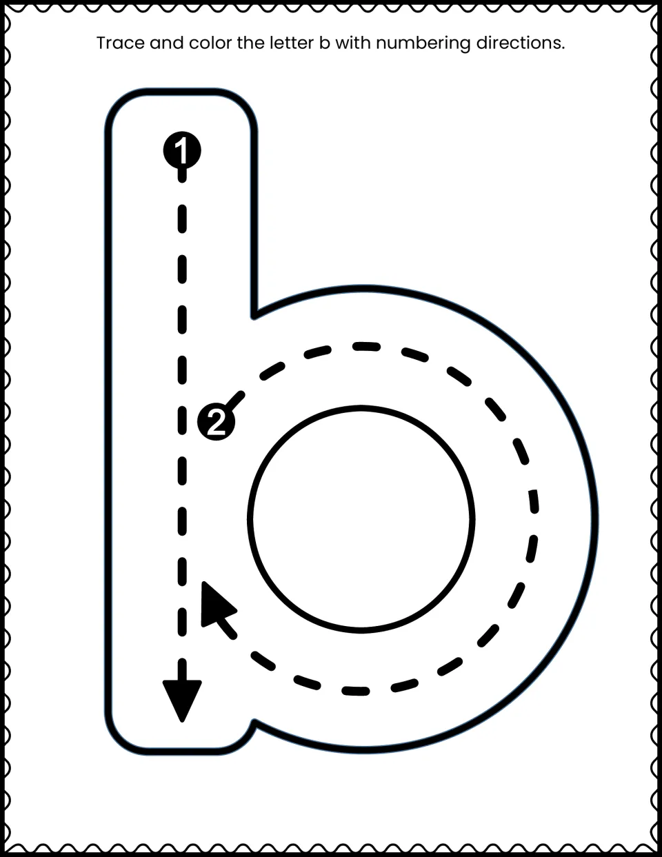 Lowercase b letter formation: students trace a big b, a straight line down (1) then a curve around (2), and color it