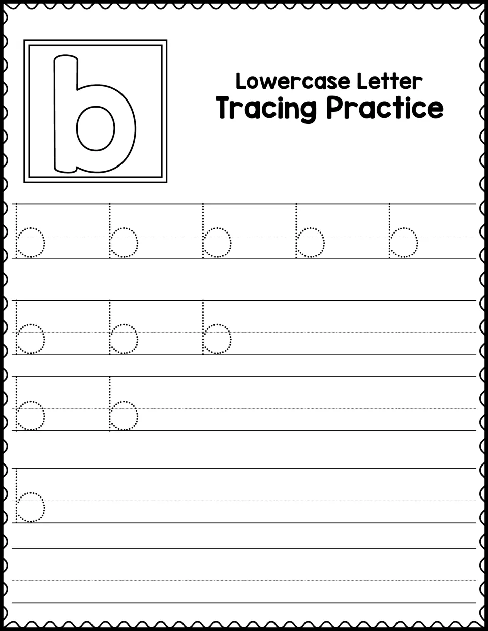 Lowercase Letter Tracing Practice: students trace dotted small bs on handwriting rows and finish with a blank writing row