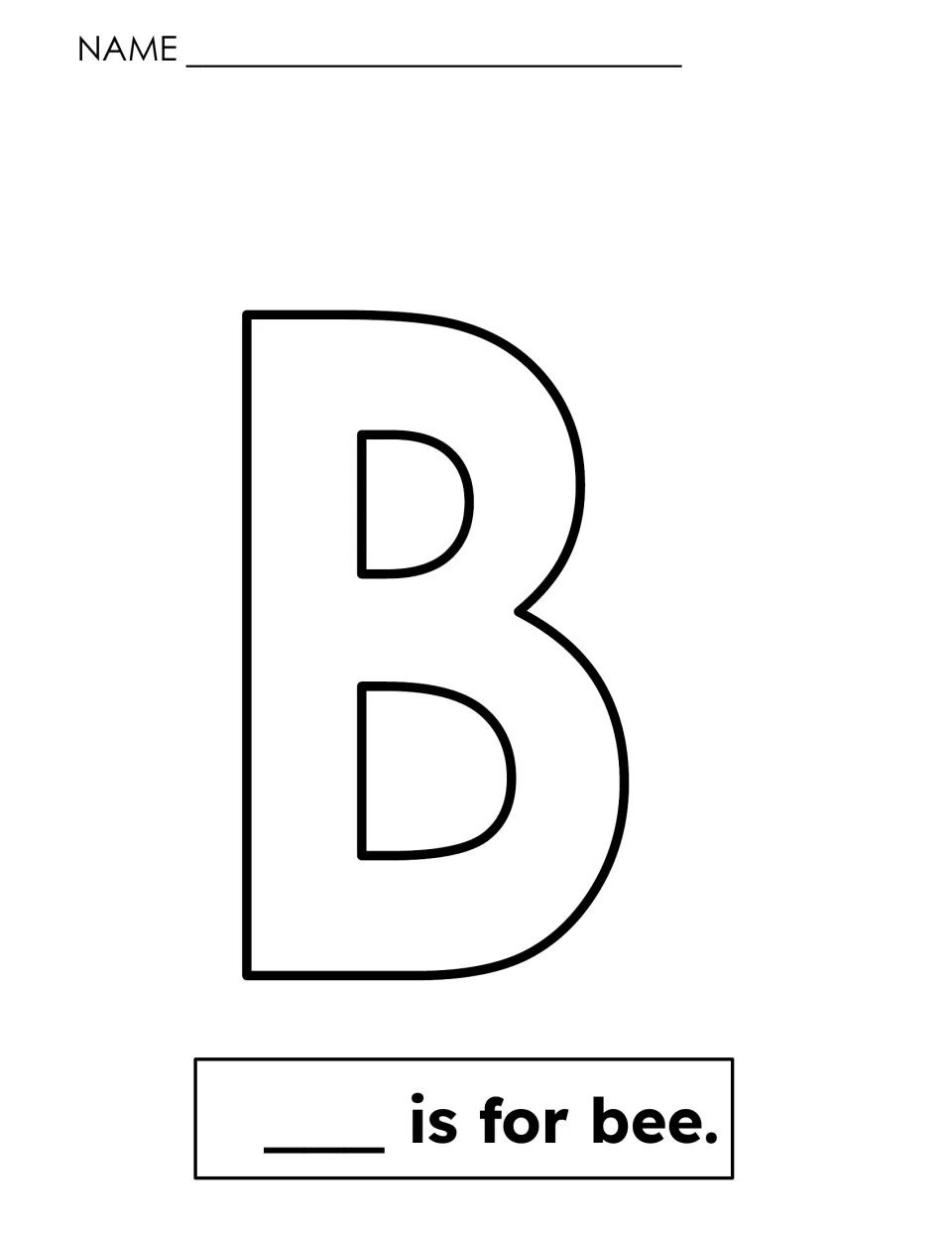 Letter B bee page: children color a large outlined B, turn it into a bee and write B to finish the sentence 'is for bee'