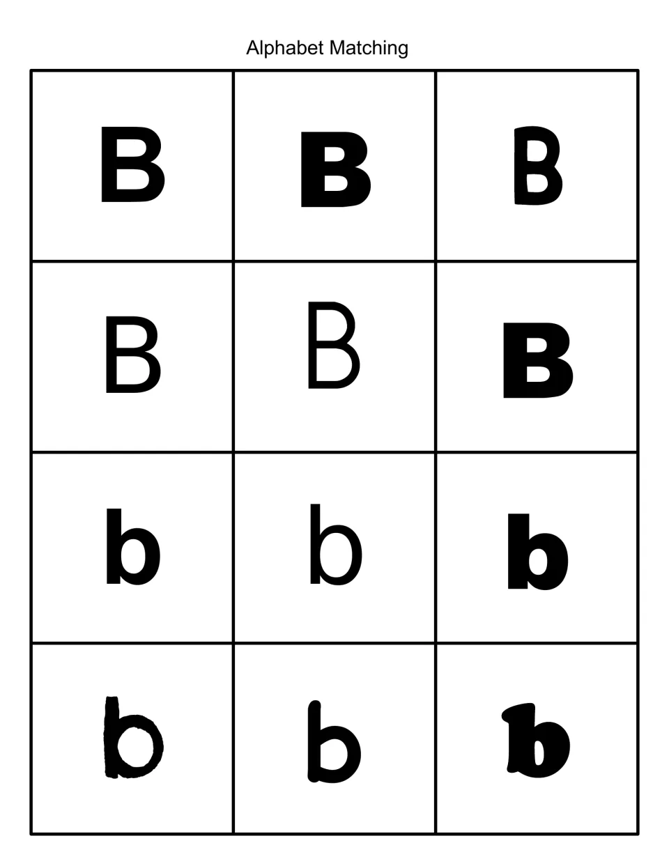 Alphabet Matching: six uppercase B and six lowercase b letter cards in different black fonts for sorting by letter case