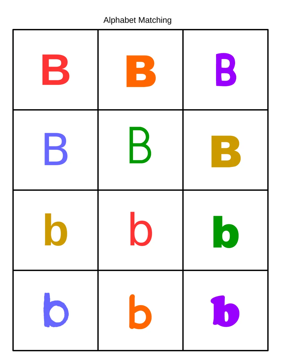 Alphabet Matching in color: uppercase B and lowercase b cards in varied fonts and colors for letter recognition