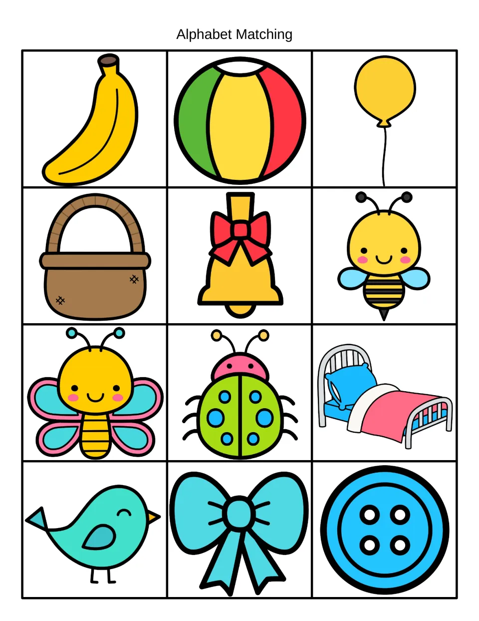 Beginning sound /b/ picture cards: banana, ball, balloon, basket, bell, bee, butterfly, bug, bed, bird, bow and button