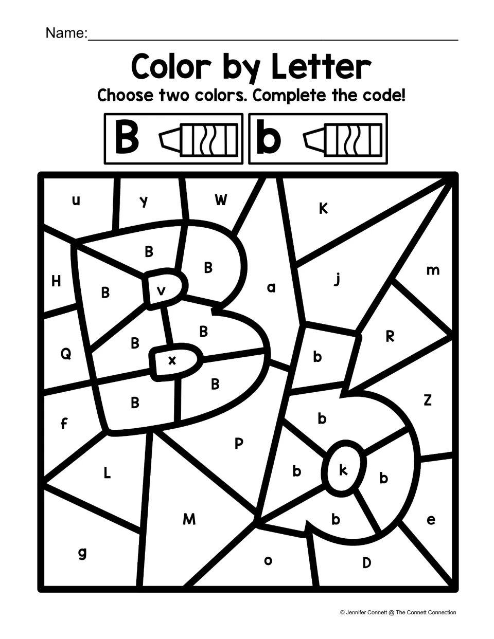 Letter recognition coloring activity featuring large B and b shapes, with separate color codes for each case