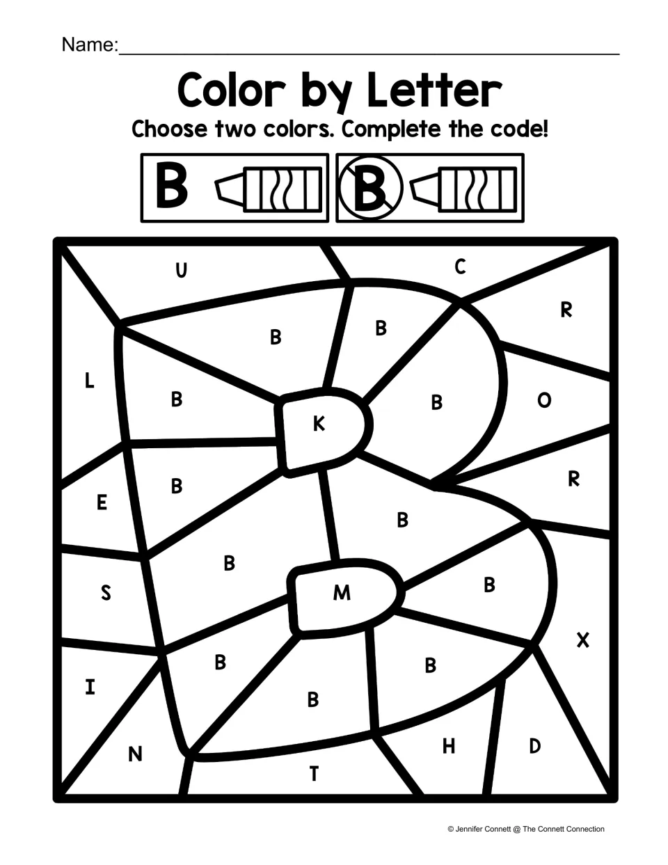 Uppercase B color-by-code worksheet featuring a large B shape and a two-color key for B versus other letters