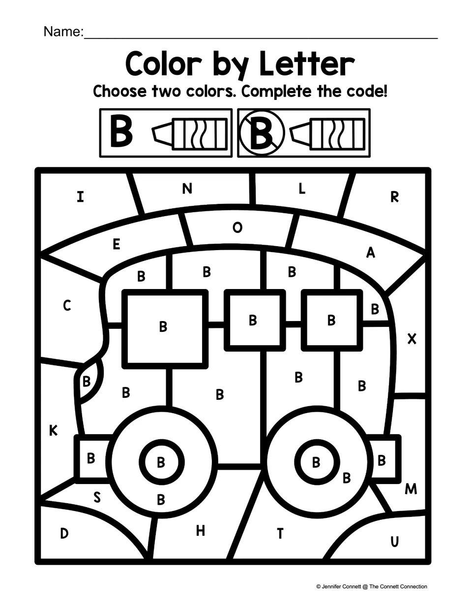 Bus color-by-code worksheet using uppercase B to mark the bus and other letters for the surrounding areas