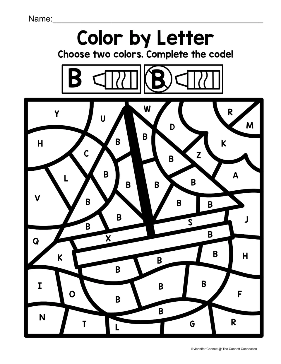 Boat color-by-code worksheet using uppercase B to mark the sailboat and other letters for surrounding areas