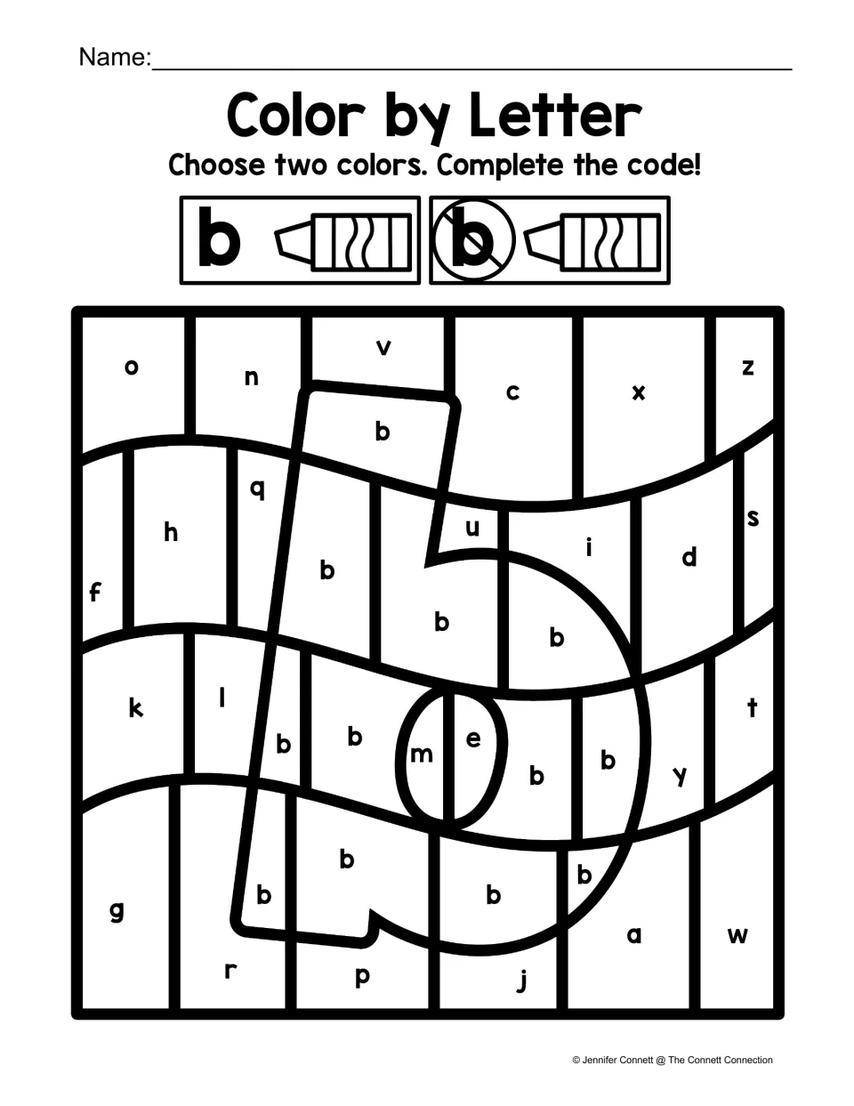 Lowercase b color-by-code worksheet featuring a large b shape and a two-color key for b versus other letters