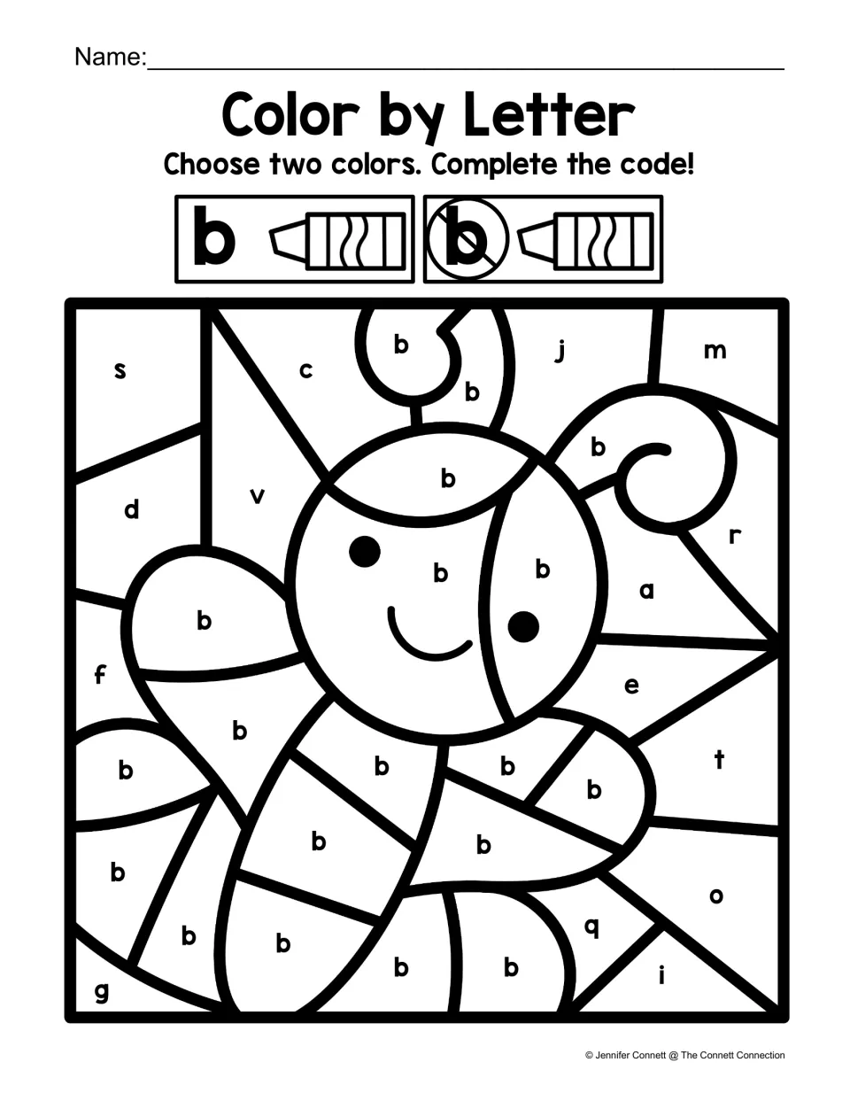 Bee color-by-code worksheet using lowercase b to mark the bee and other letters for the surrounding areas