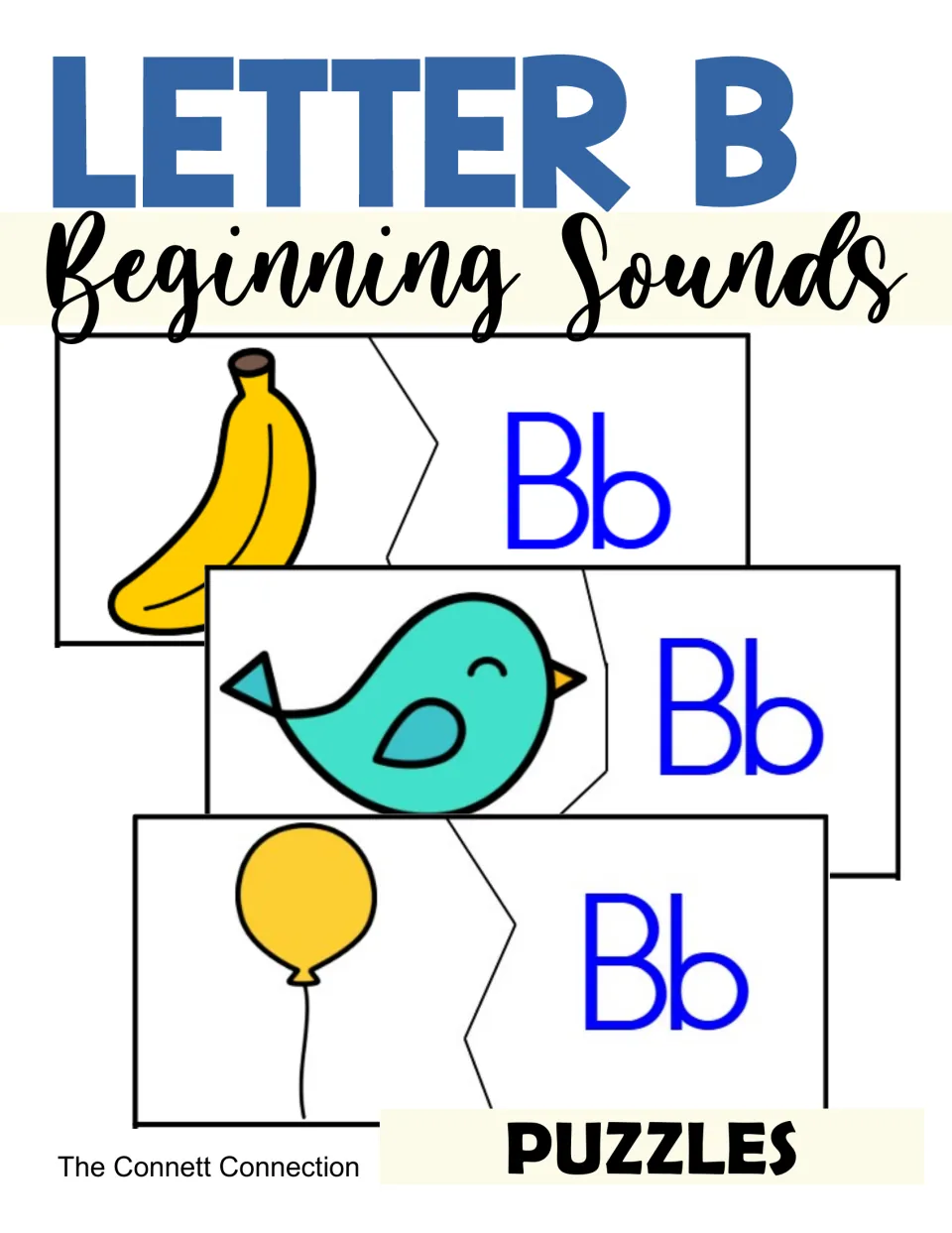 Letter B beginning sounds puzzles cover: banana, bird and balloon pictures each joined to a Bb letter piece