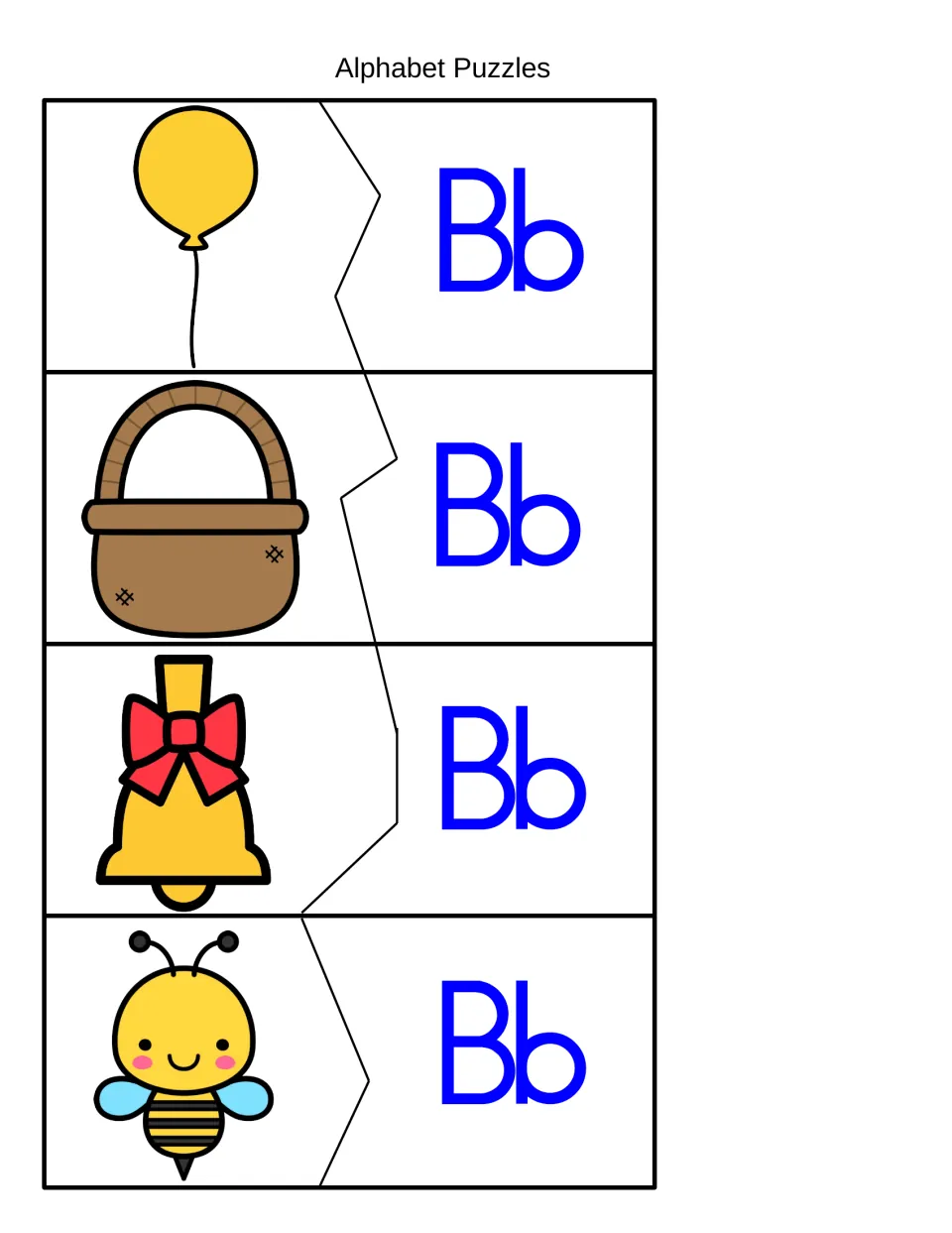 Two-piece puzzles pairing balloon, basket, bell and bee pictures with Bb so students match each to its /b/ beginning sound