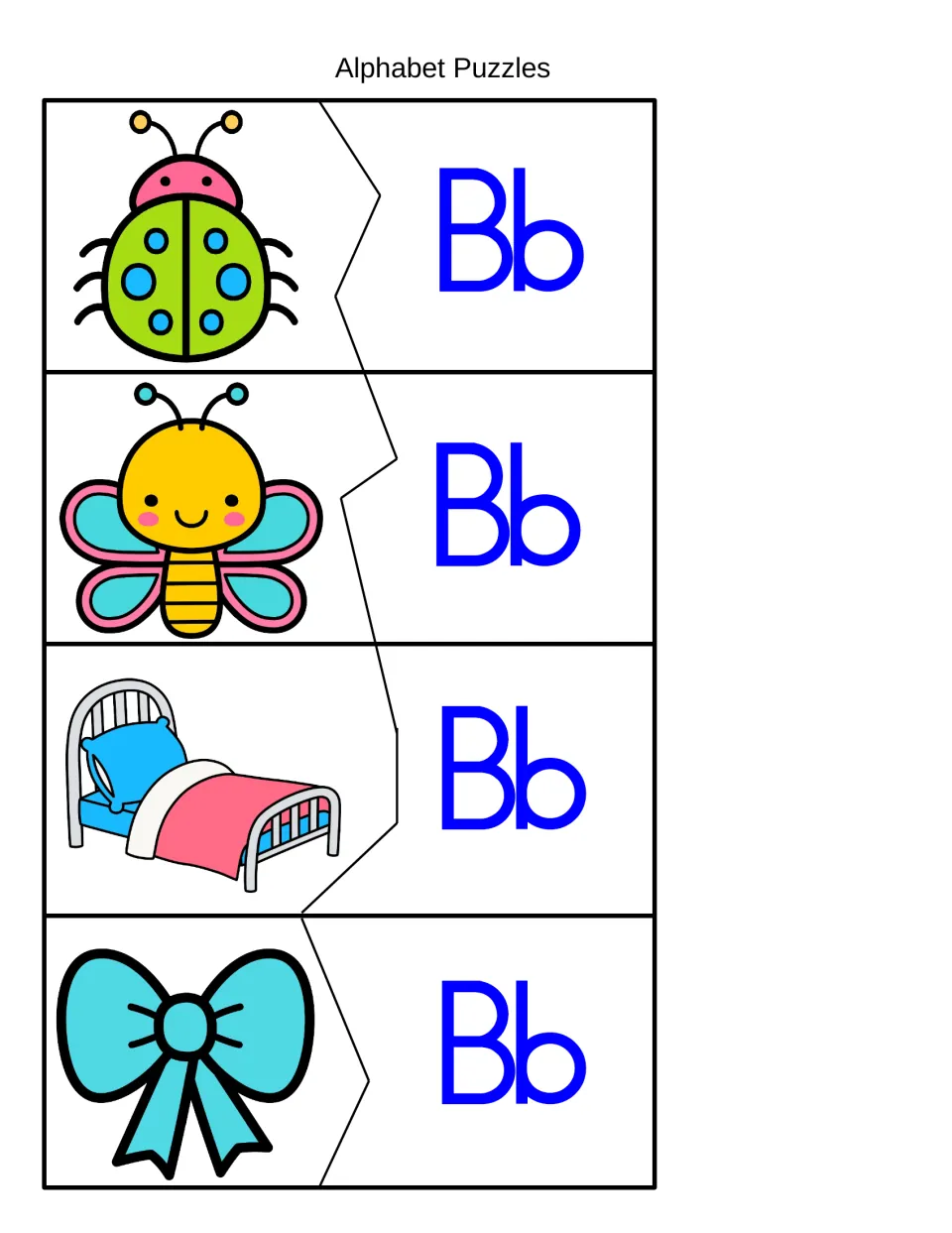 Letter B sound matching: bug, butterfly, bed and bow pictures each fit a zigzag-cut Bb piece for initial sound practice