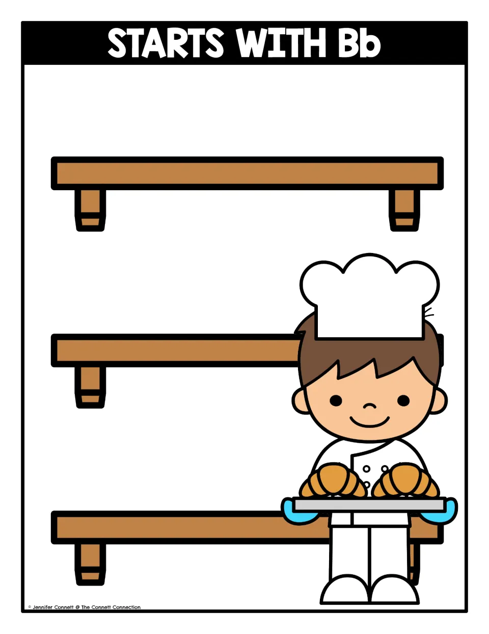 Starts with Bb sorting mat: students place picture cards with a beginning B sound on three bakery shelves by a boy baker