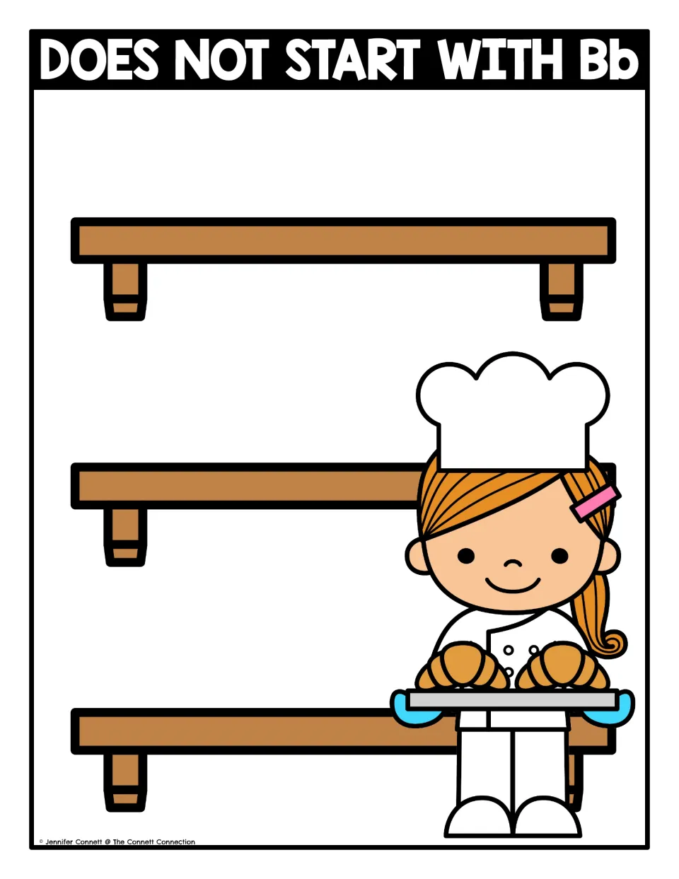 Does not start with Bb sorting mat: students set picture cards without a B beginning sound on bakery shelves