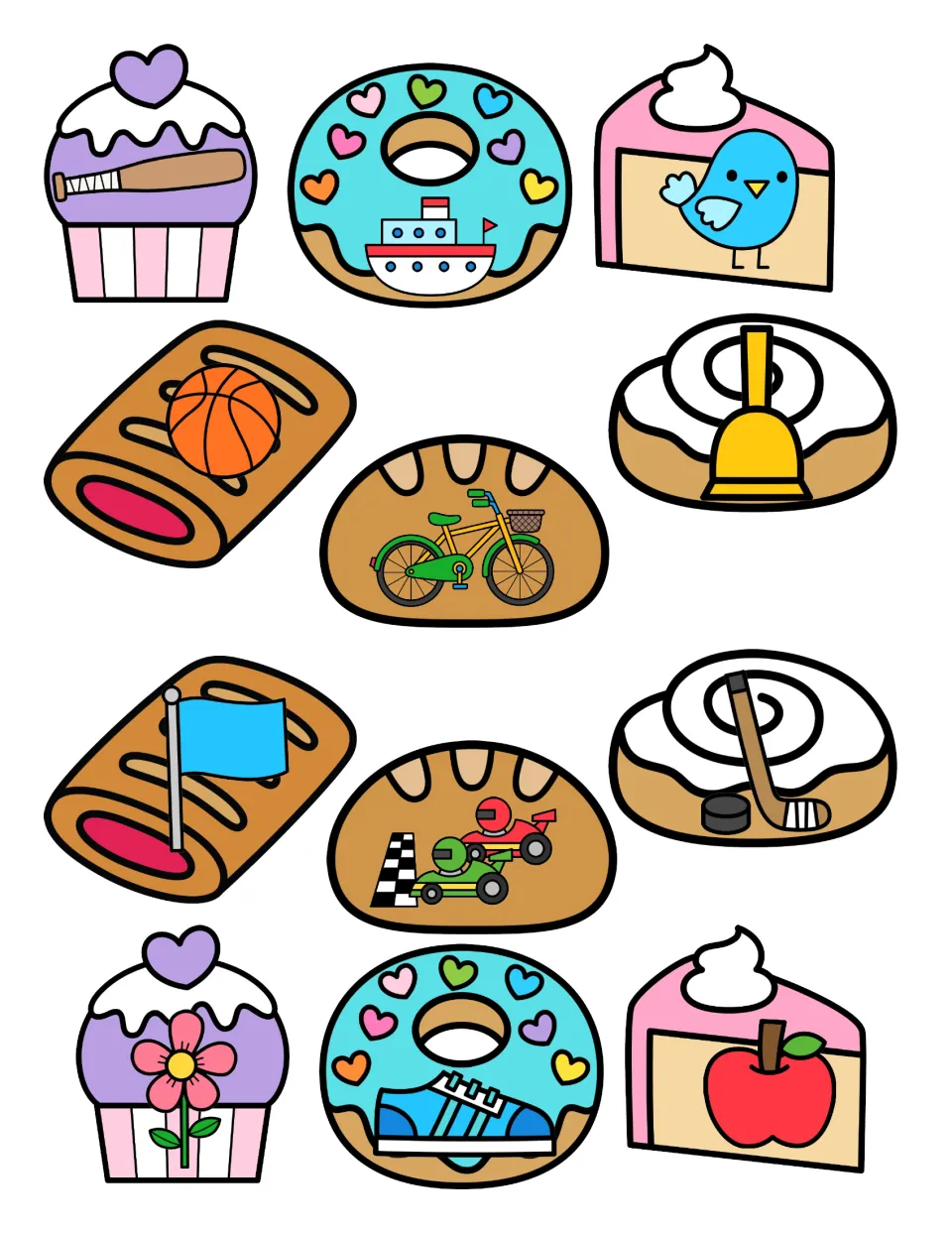 12 bakery treat picture cards to cut out and sort by first sound: bat, boat, bird, ball, bell, bike, flag, flower and more