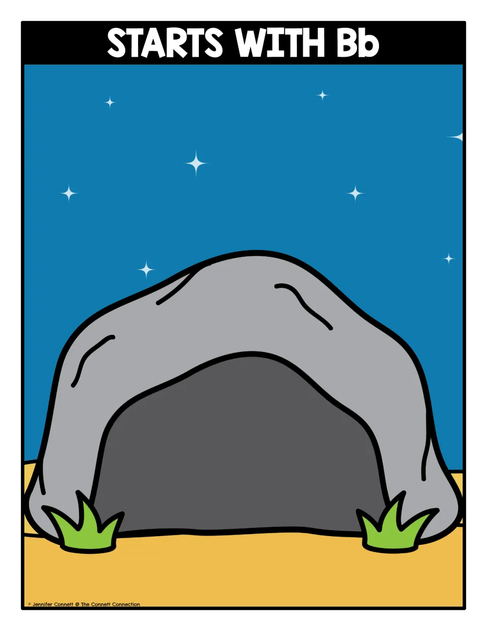Starts with Bb sorting mat: a cave under a starry night sky where students place bat picture cards that begin with B