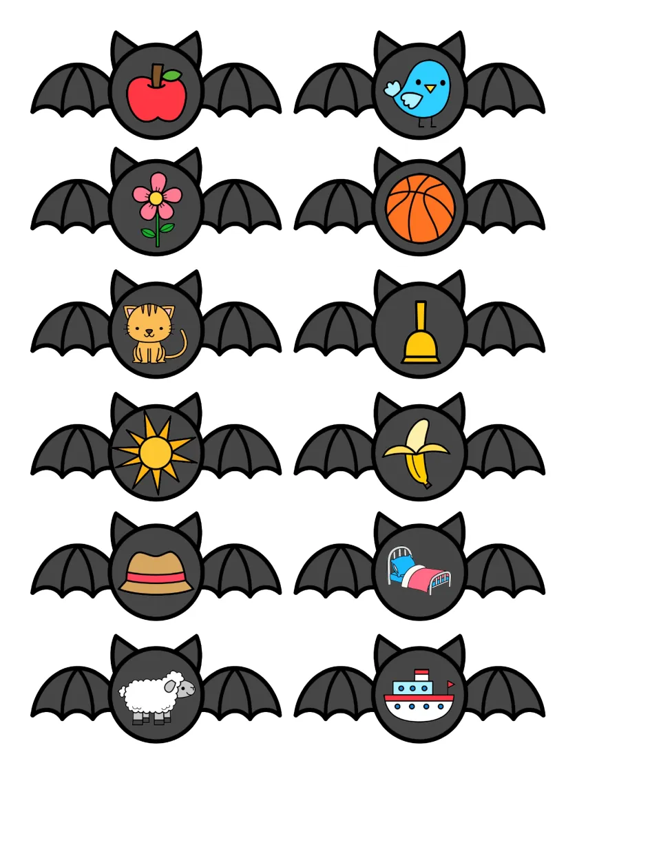 Bat picture cards for sorting by first sound: 12 images including bird, ball, bell, banana, bed, boat, apple, cat and sun