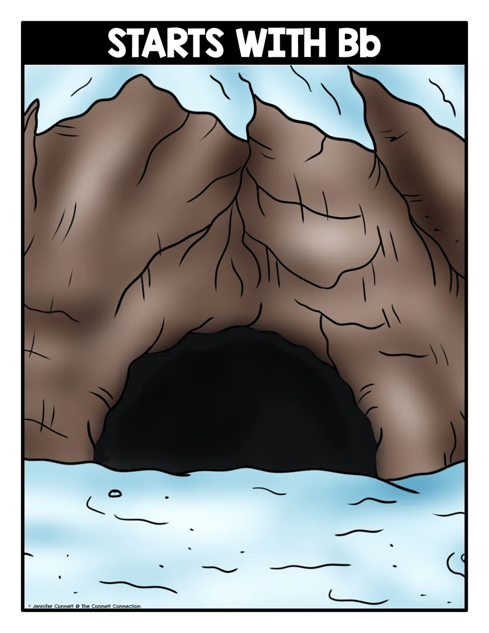 Starts With Bb sorting mat: a cave scene where students place picture cards whose names begin with the /b/ sound